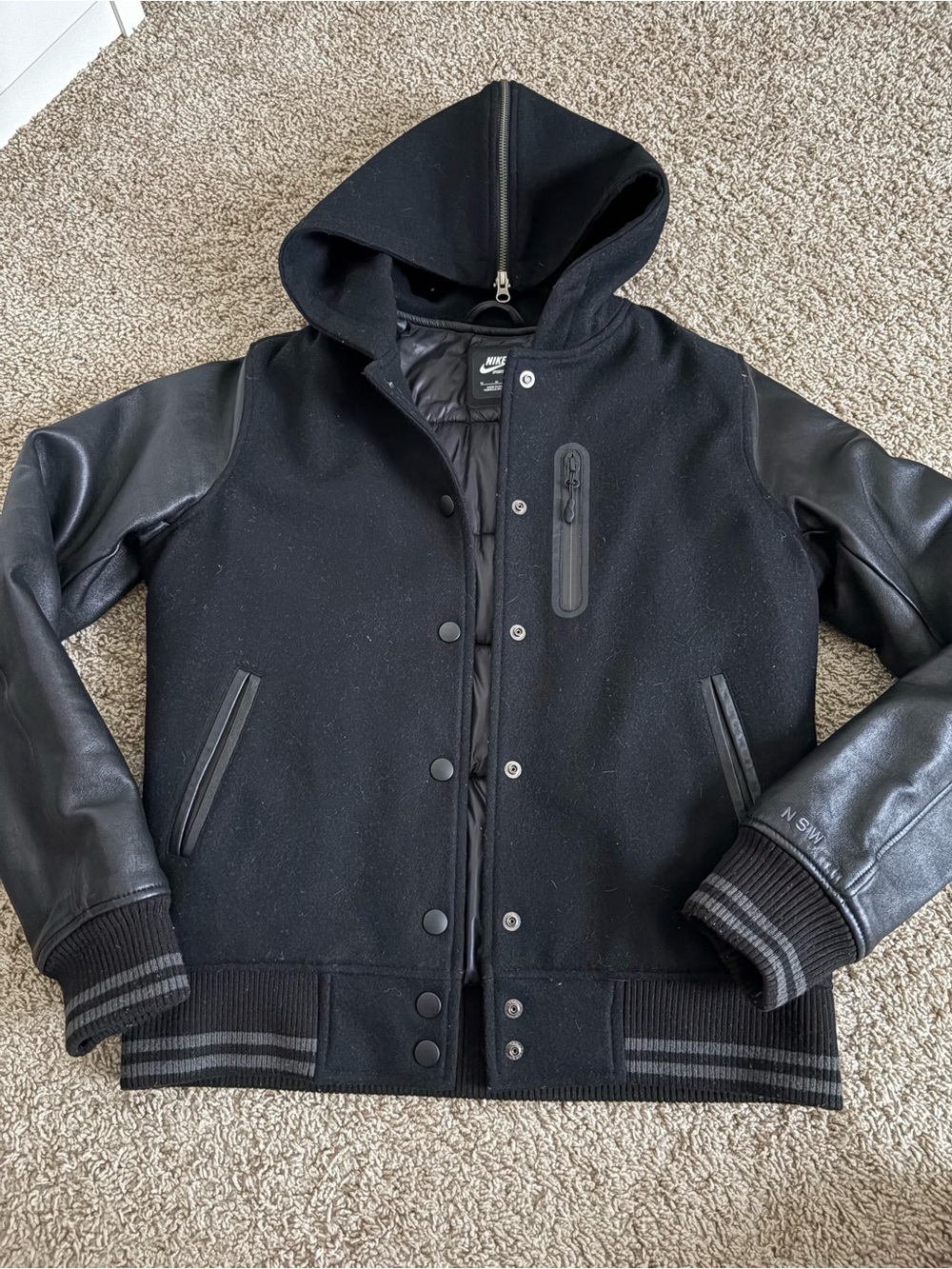 Nike Womens Blacked Out Wool Leather Destroyer Jacket M Hooded Zipper NSW